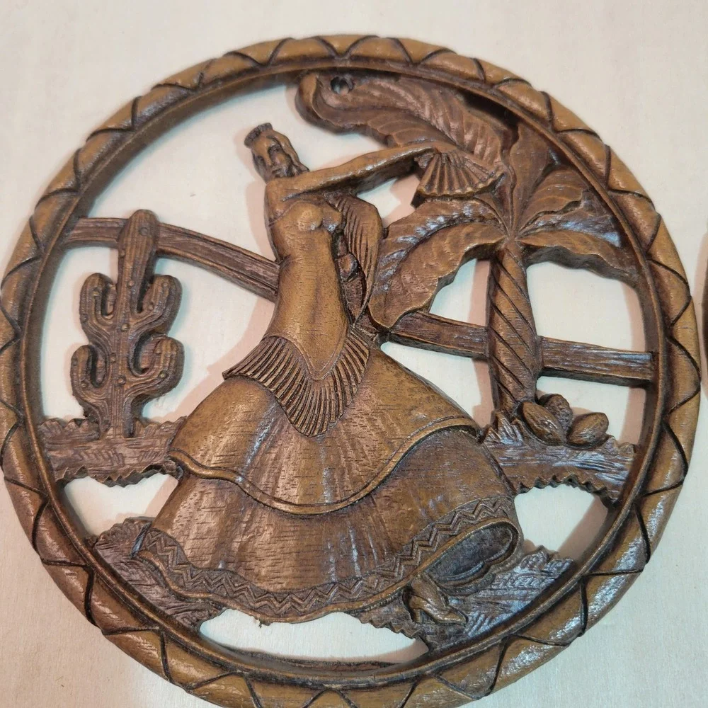 Vintage Syroco Wood Wall Art Set Southwestern‎ Desert Dancers Cacti Palm Trees